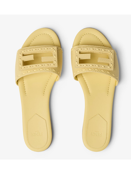 Fendi Shoes - Fendi Baguette Light Yellow Leather FF Monogram Logo Mule Slide Flat Sandal 39